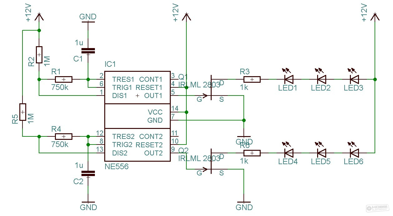 12V led villogó kapcsolási rajz