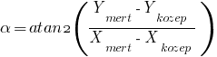 alpha = atan2({Y_{mert} - Y_{kozep} }/ {X_{mert} - X_{kozep}})