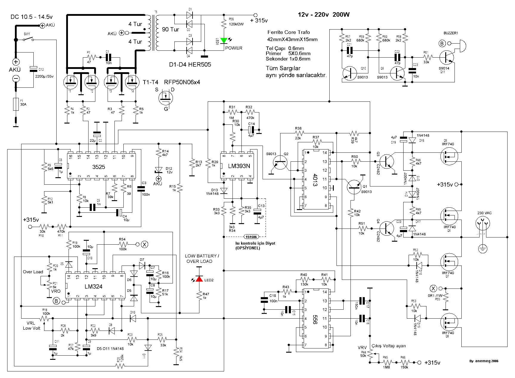 300w Színuszos Inverter Kapcsolási Rajz