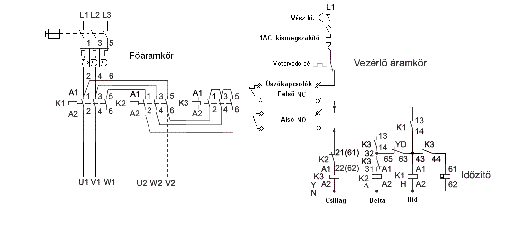 3 Fázisú Motor Csillag Delta Működtető áramköri Rajz